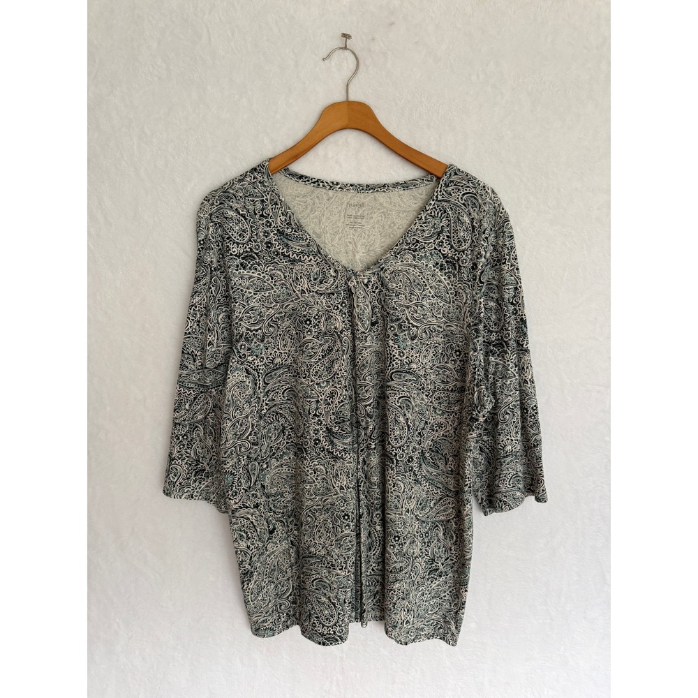 Pure Jill Paisley Printed Soft V-Neck Top Teal Navy Cotton Tencel Tunic